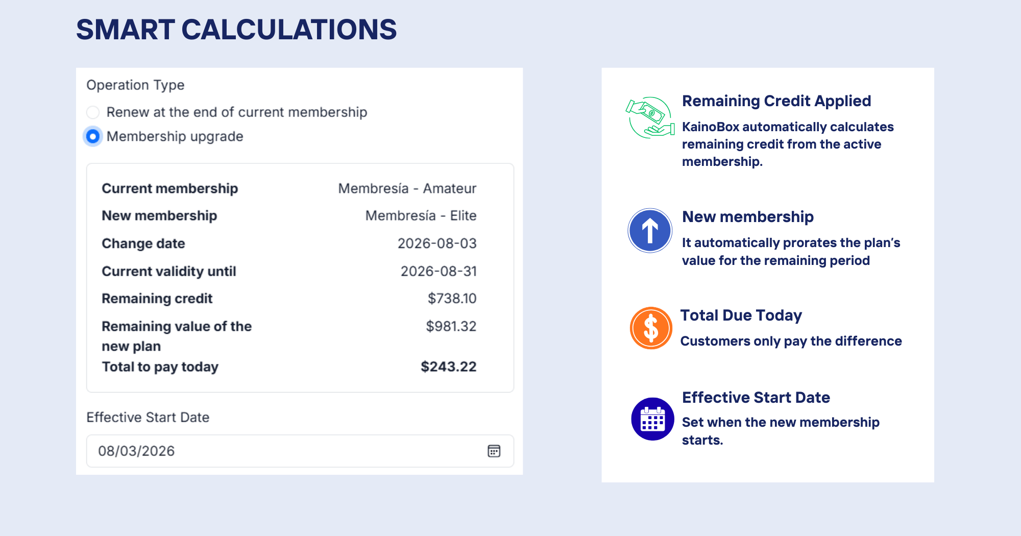 Membership upgrade calculation with remaining credit and amount due in KainoBox