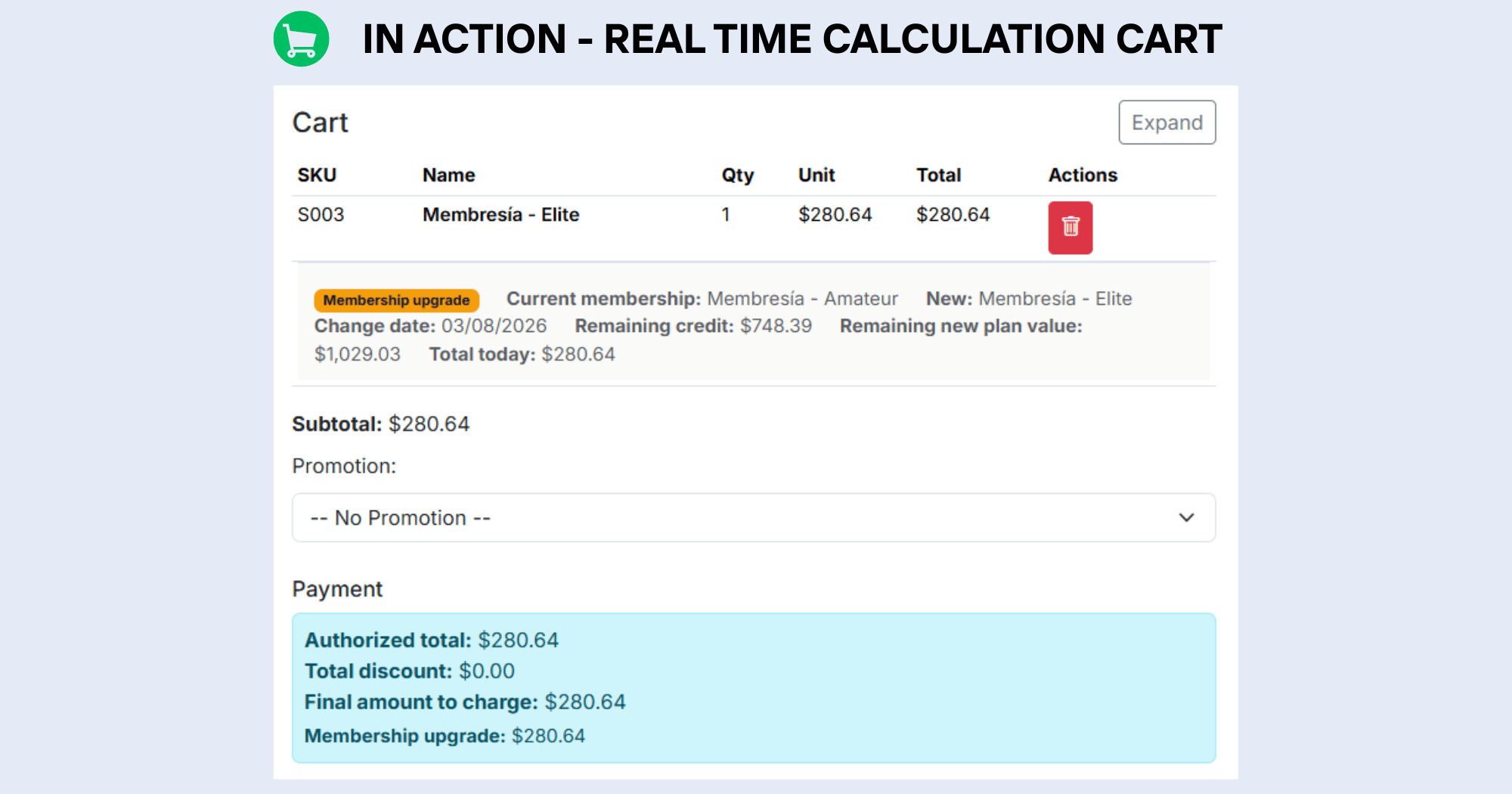 KainoBox cart with updated membership calculation and total due