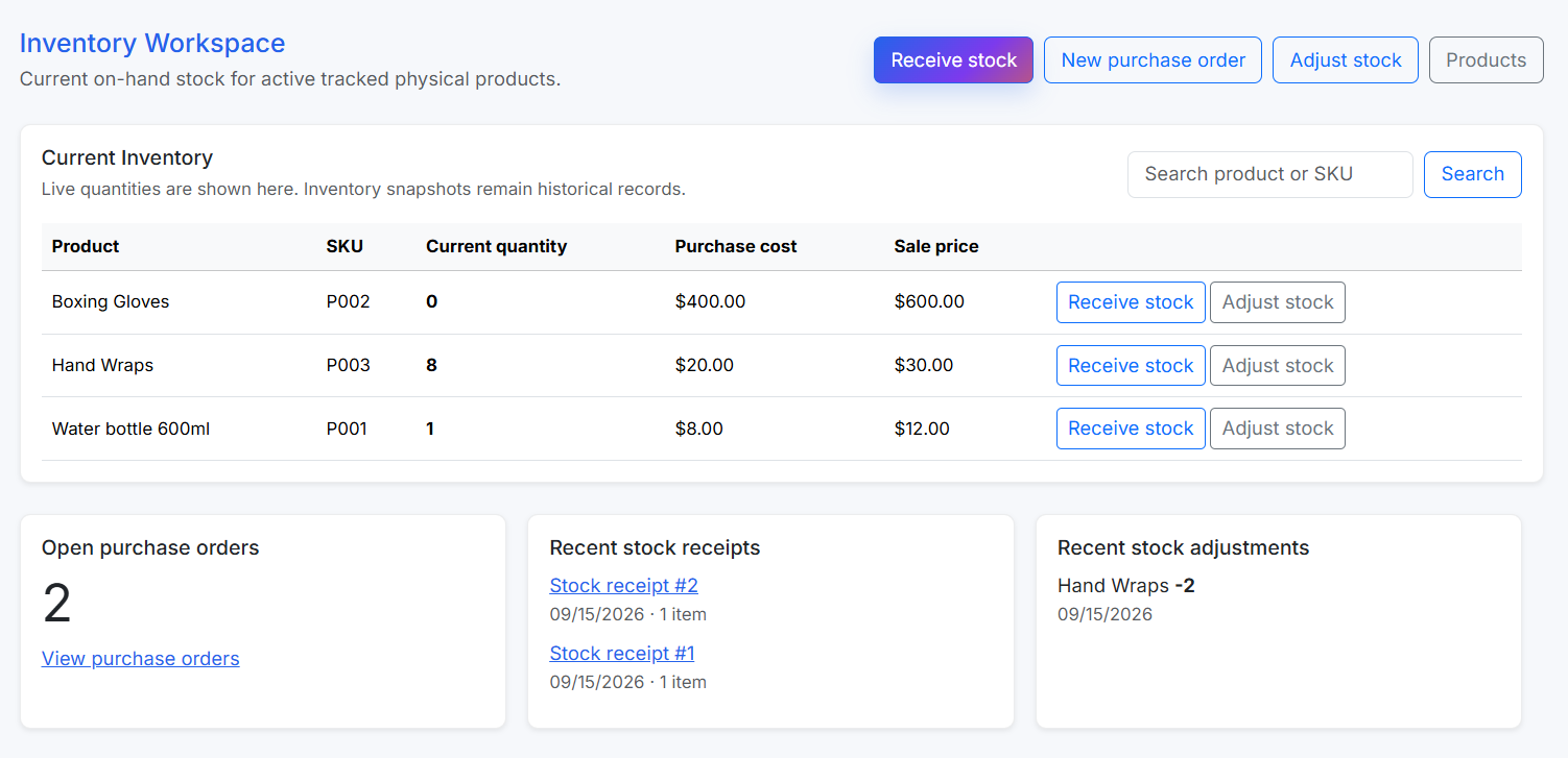 KainoBox Inventory Workspace showing current inventory, purchase orders, and recent stock activity.