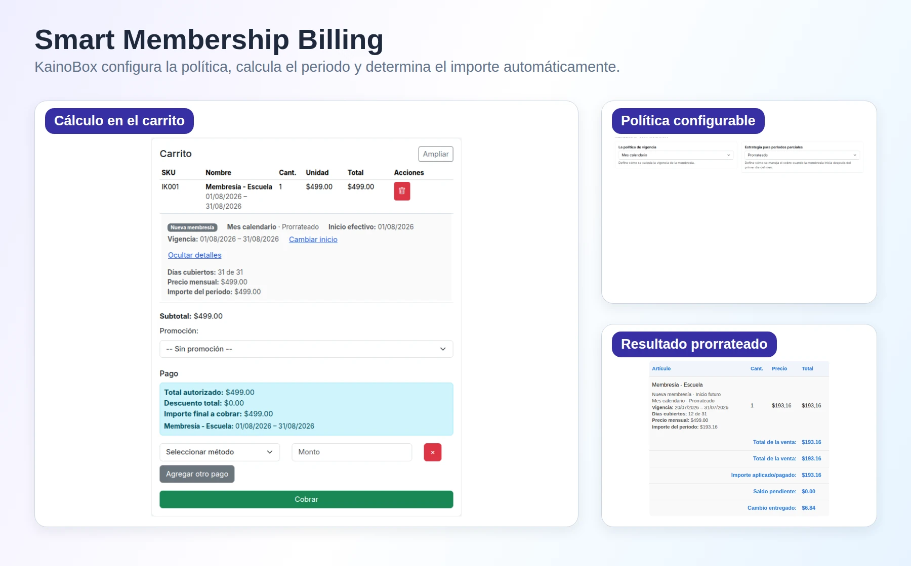 Smart Membership Billing mostrando configuración, cálculo automático y resultado del periodo de membresía