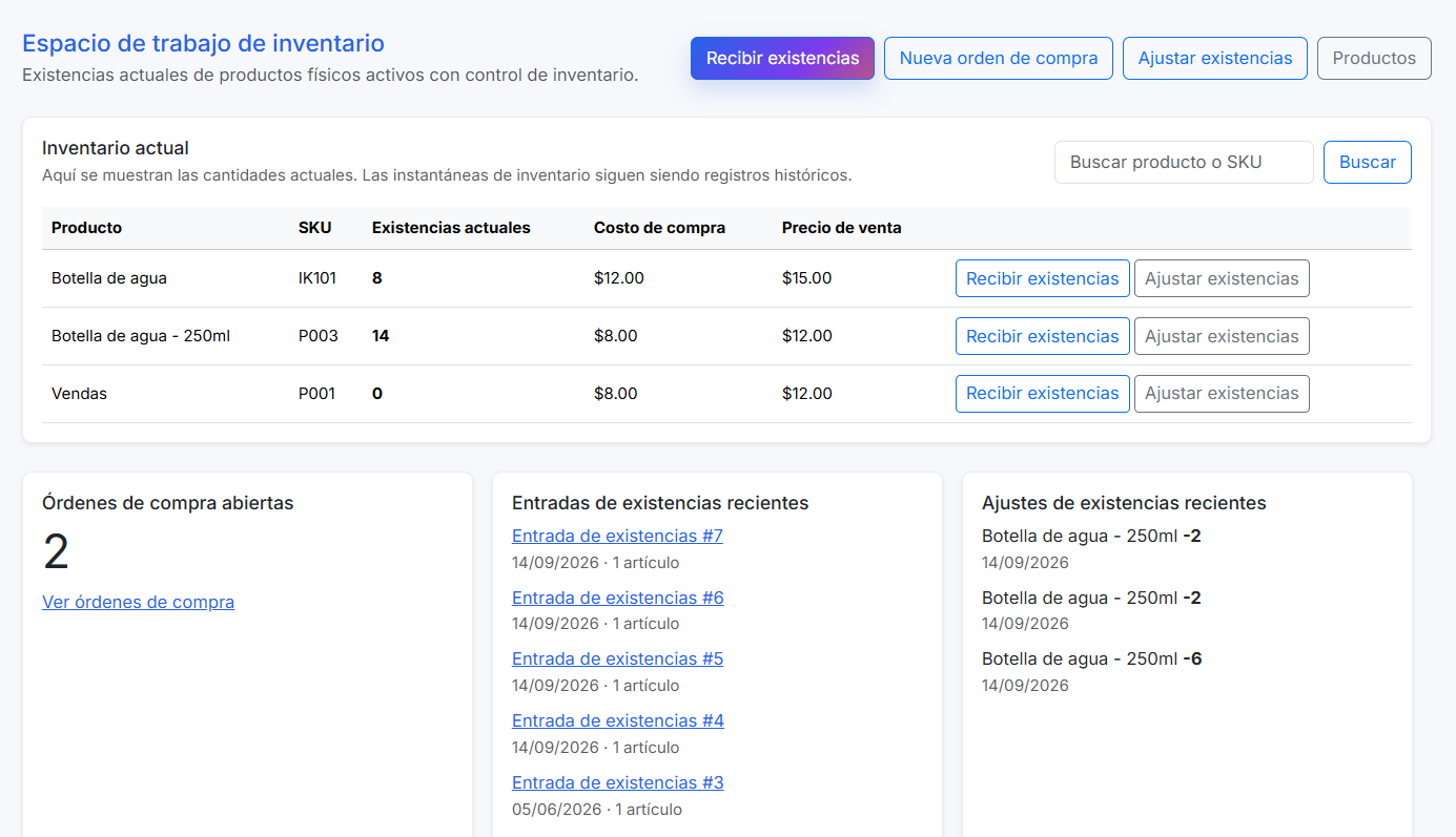 Espacio de trabajo de inventario de KainoBox con inventario actual, órdenes de compra y movimientos recientes.