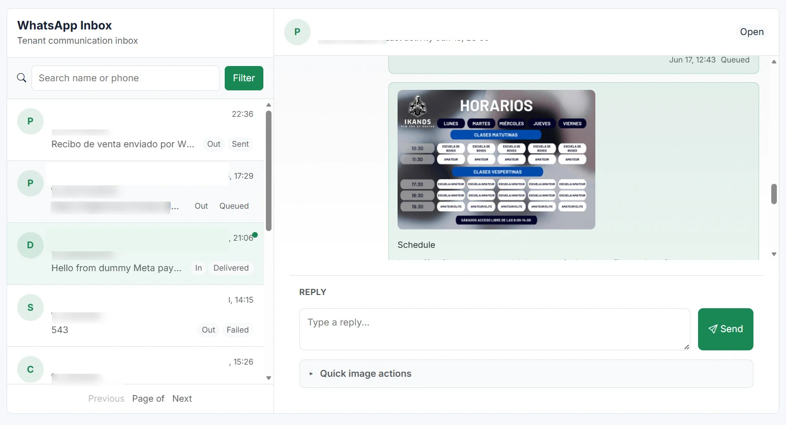 Vista de una conversación de WhatsApp con historial, contenido multimedia y respuesta dentro de KainoBox