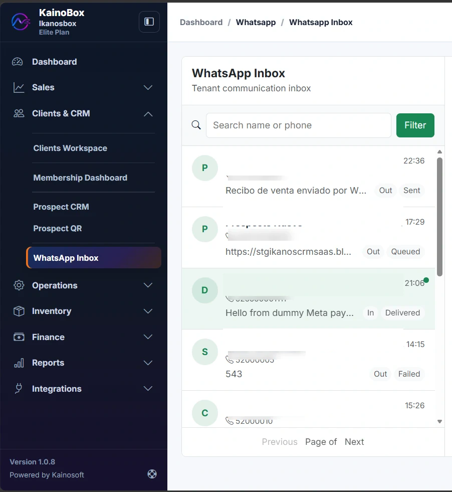 Bandeja compartida de WhatsApp en KainoBox con conversaciones y estados de mensajes