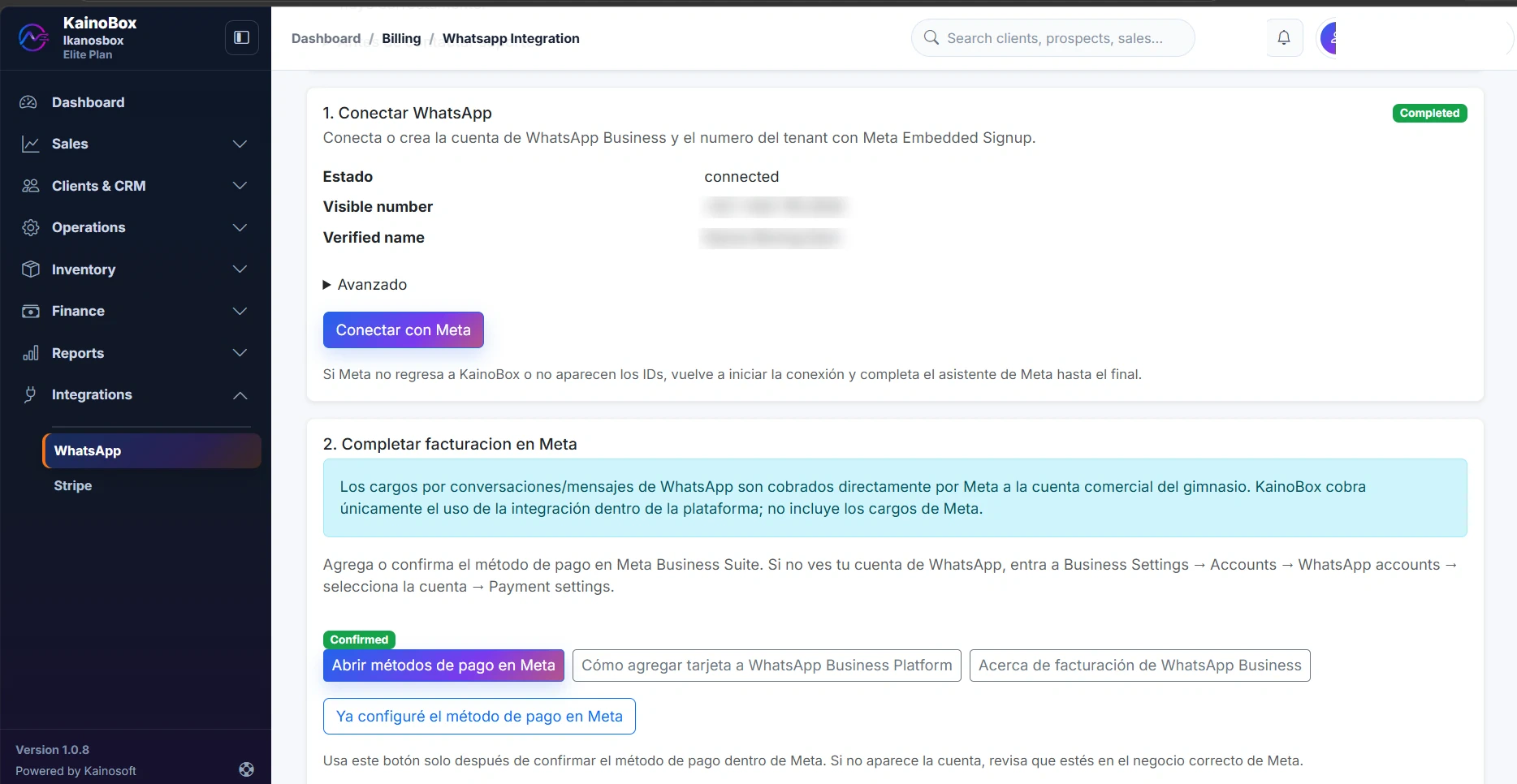 Pantalla de conexión de WhatsApp Business con Meta dentro de KainoBox