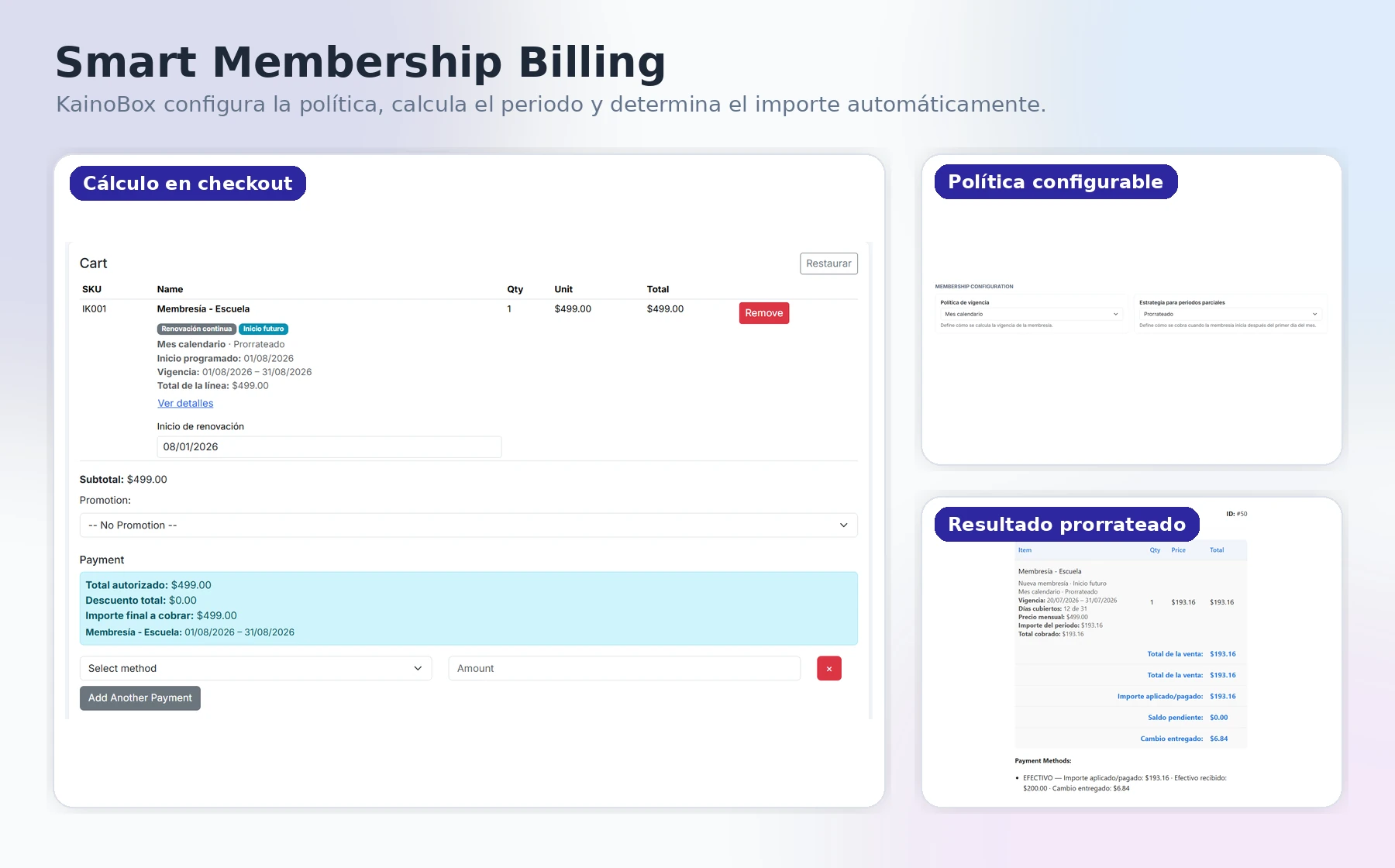 Smart Membership Billing mostrando configuración, cálculo automático y resultado del periodo de membresía