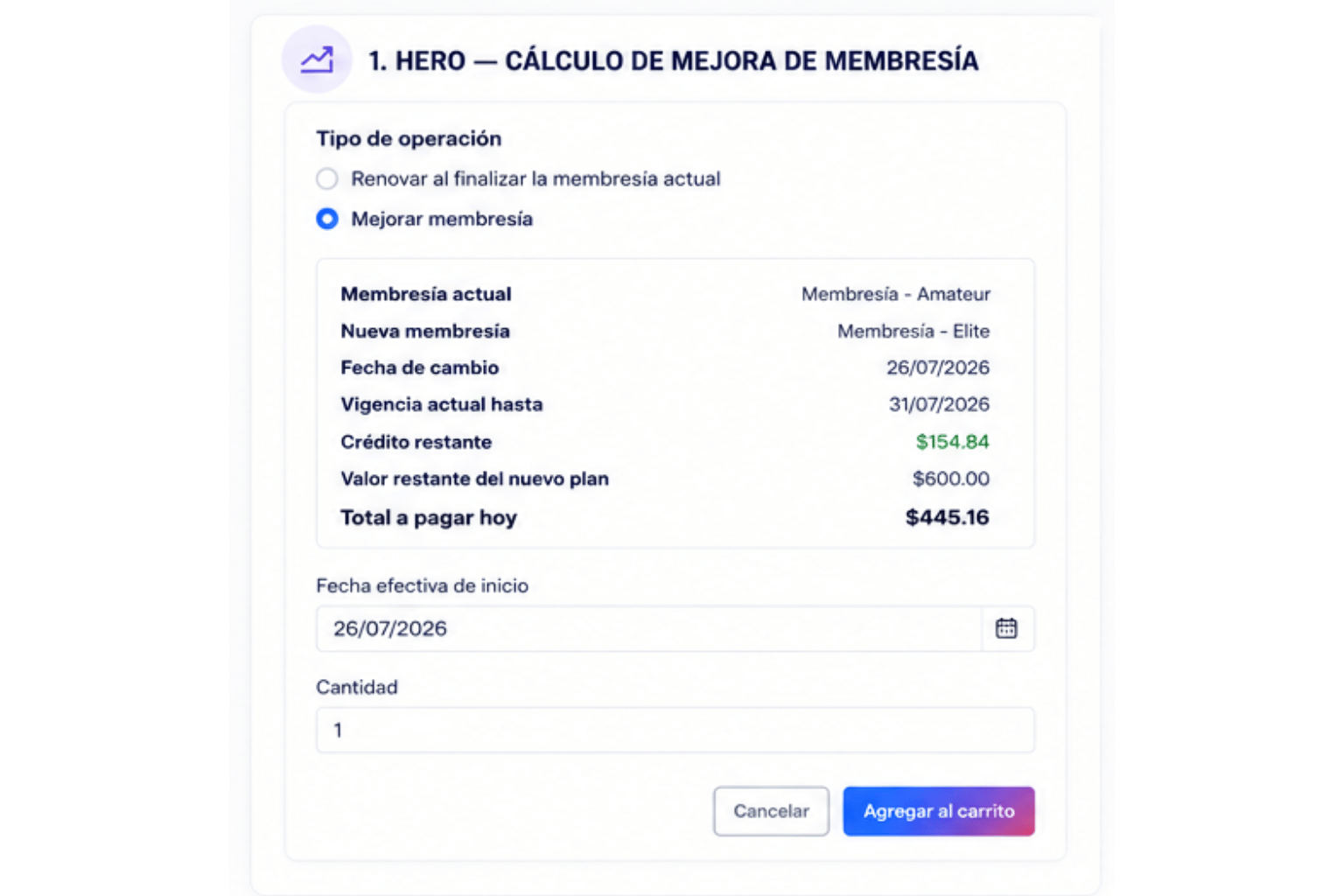 Cálculo automático de una membresía con periodo y prorrateo en KainoBox