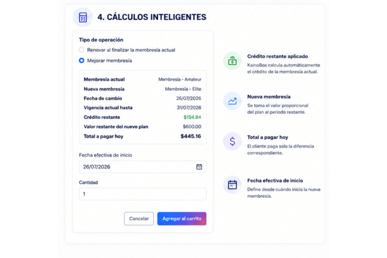 Cálculo de mejora de membresía con crédito restante e importe a pagar en KainoBox