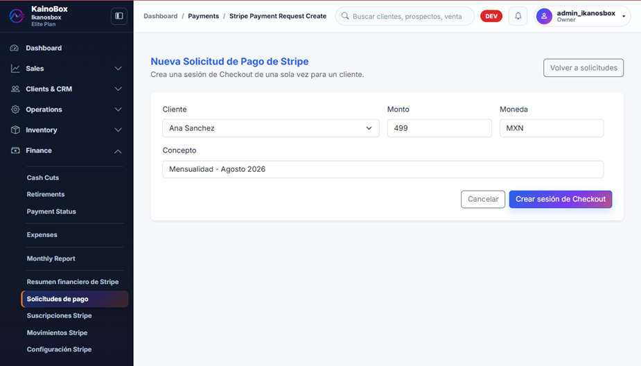 KainoBox mostrando una solicitud de pago único conectada con Stripe