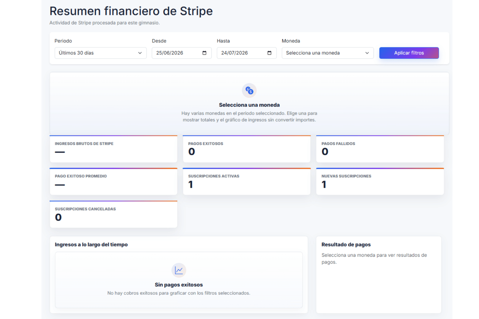 Panel de Stripe en KainoBox con resumen de pagos, suscripciones y actividad financiera sincronizada