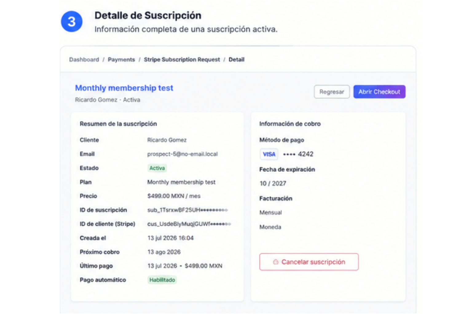 Detalle de una suscripción activa con su estado y ciclo de renovación en KainoBox