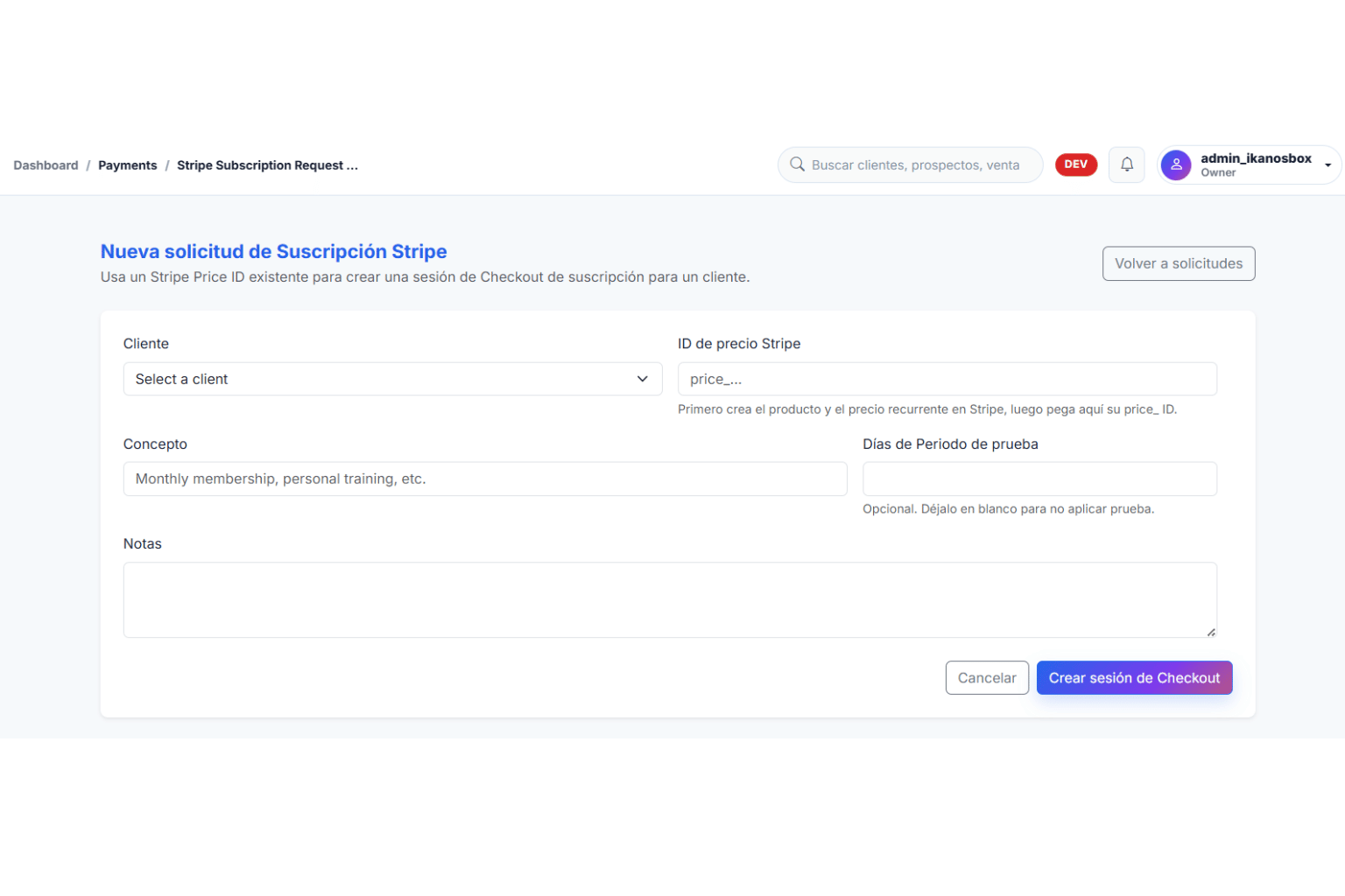 Vista de KainoBox para crear y administrar solicitudes de suscripción recurrente